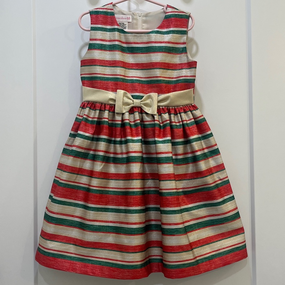 Bonnie Jean Holiday Red, Green, Gold, and Silver Striped Dress, Girls Size 6